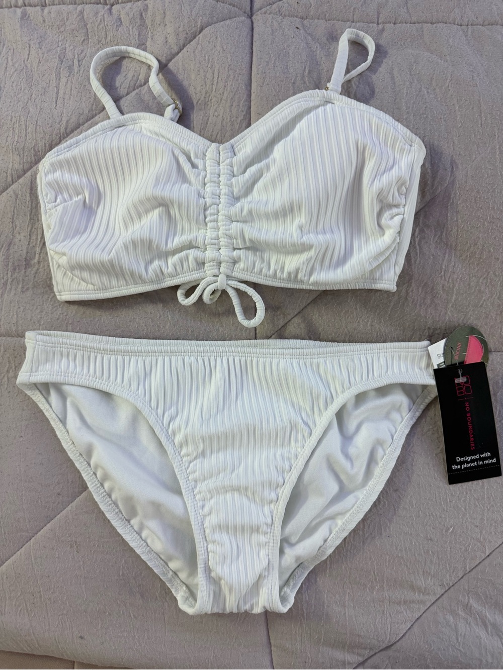 No Boundaries White Ribbed Cinch-Front Bikini Set